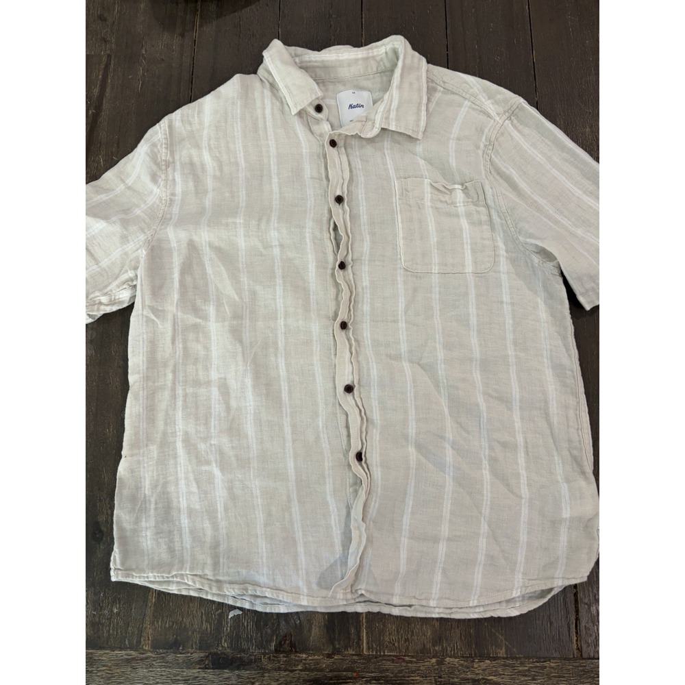 Katin Mens Monty Short Sleeve Linen Blend Button Up Shirt Beige Large Striped